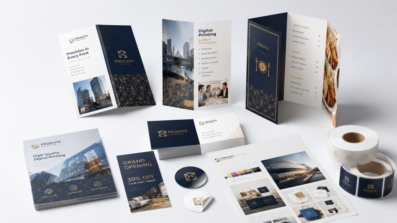 Digital printing samples — brochures, business cards and menus