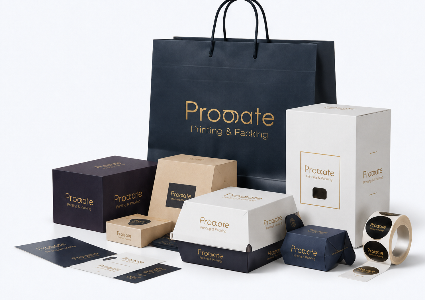 Progate branded shopping bag, boxes, labels and packaging products