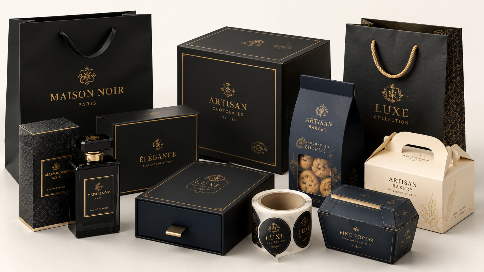 Offset and packaging samples — perfume boxes, paper bags and premium packaging